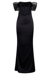 Everly Off Shoulder Organza Satin Maxi Dress - Black